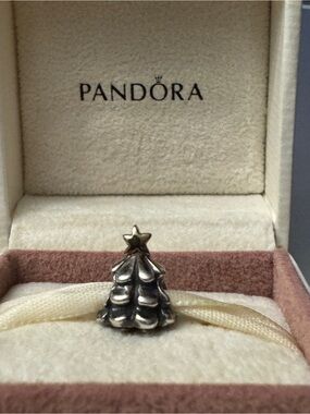 Pandora Silver Christmas Tree Charm with Gold Star Accent
